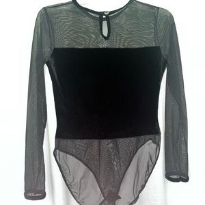 vintage long sleeve black velvet bodysuit with mesh sleeves